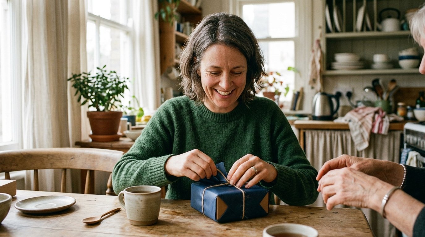 Frau öffnet lächelnd ein kleines Geschenk am Küchentisch