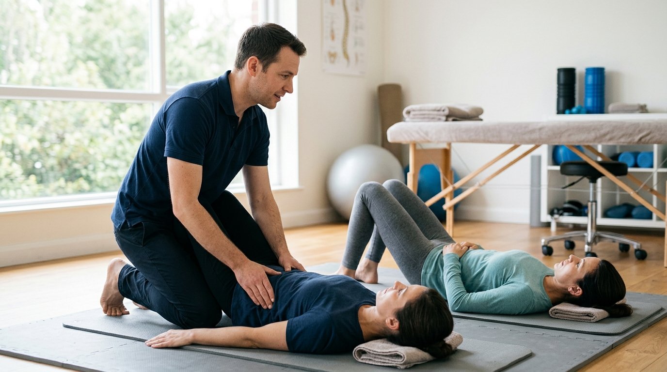 Physiotherapeutin zeigt eine Übung für den unteren Rücken