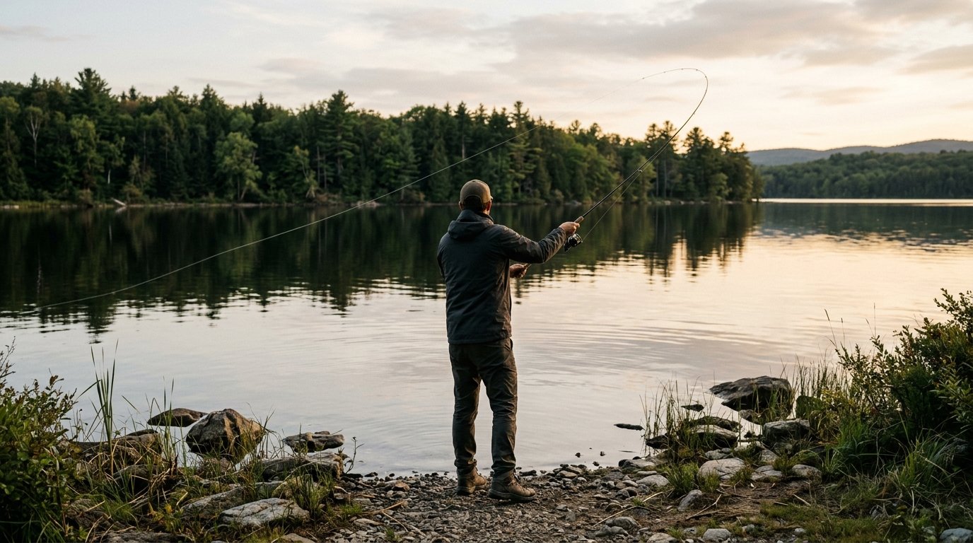 Angler steht am Ufer und wirft die Schnur aus