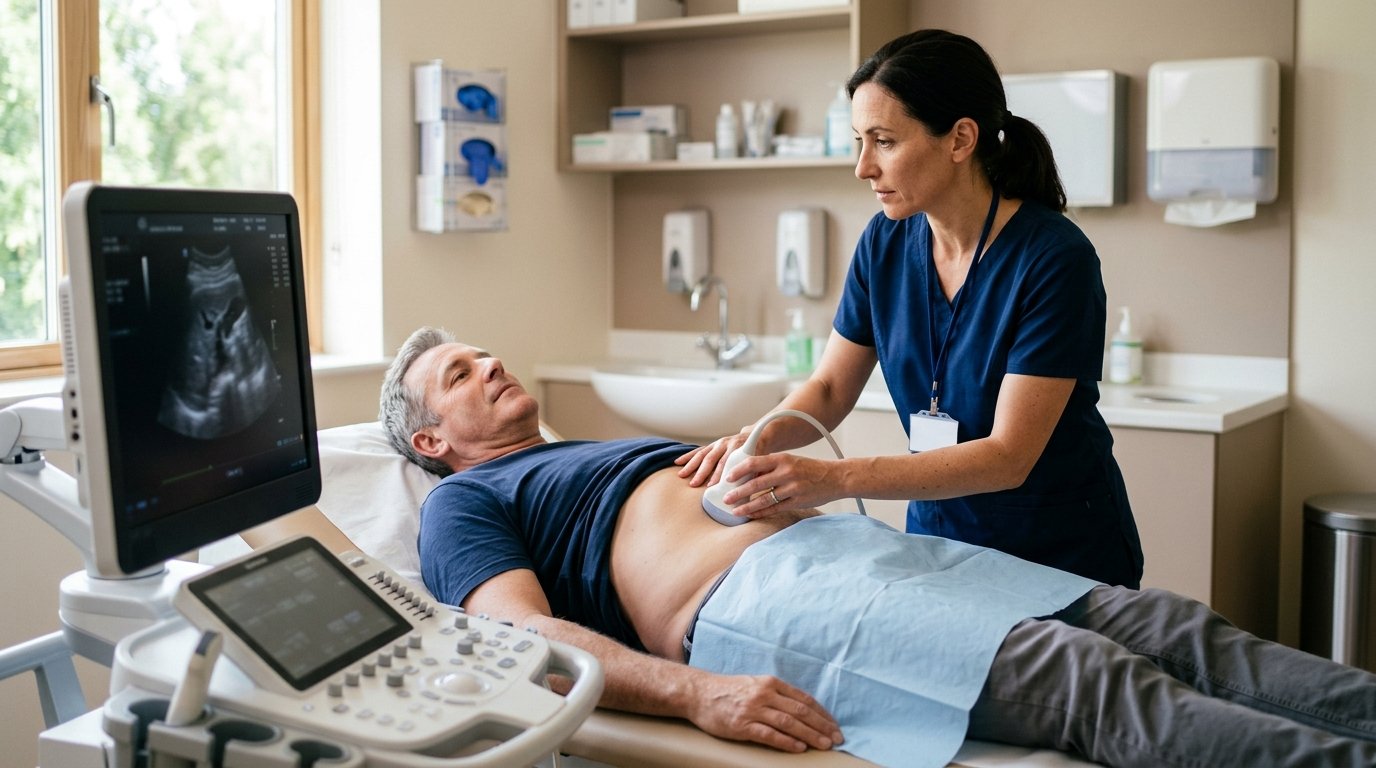 Ärztin führt eine Ultraschalluntersuchung der Niere durch