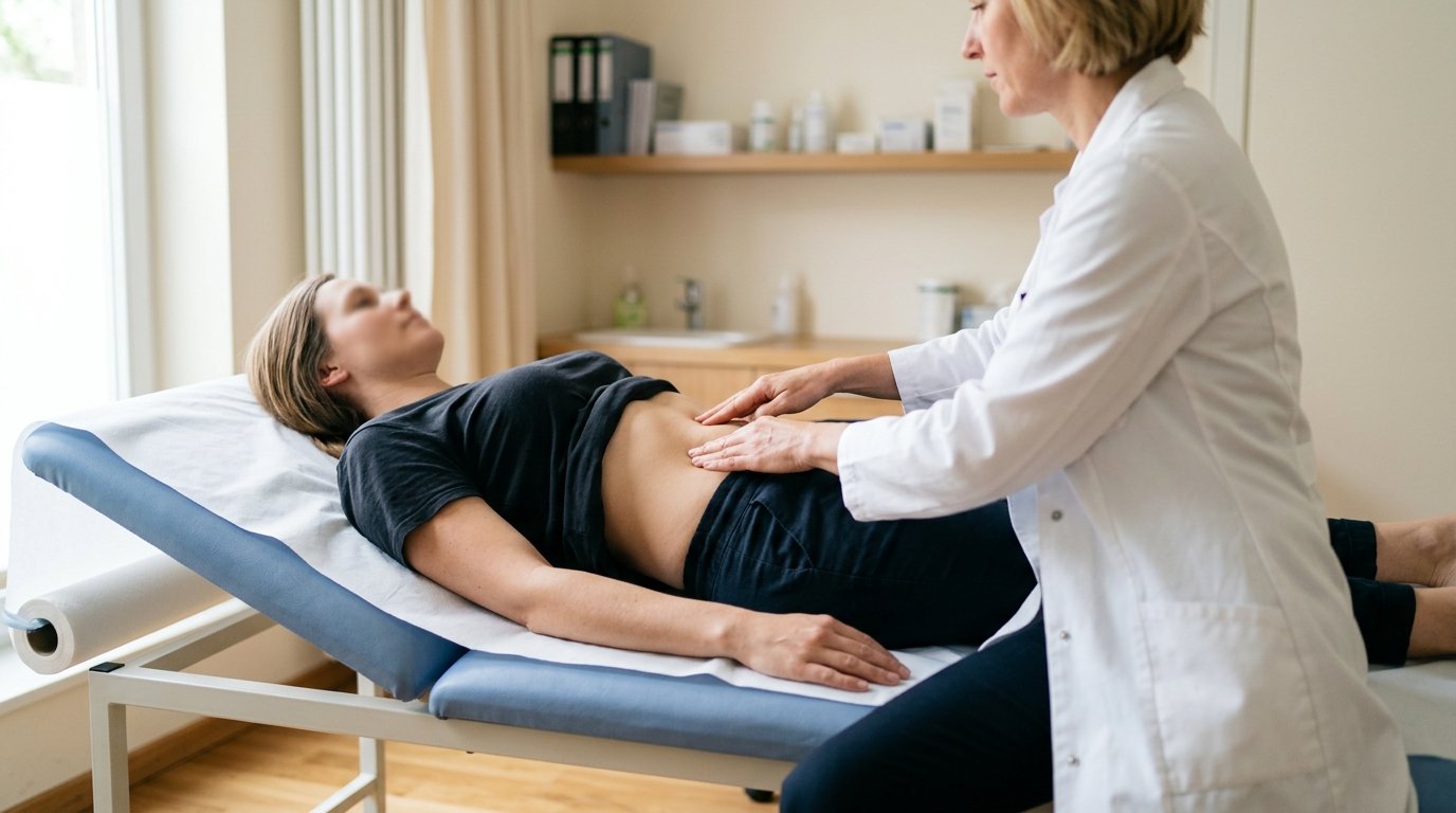 Ärztin tastet den Bauch einer Patientin ab