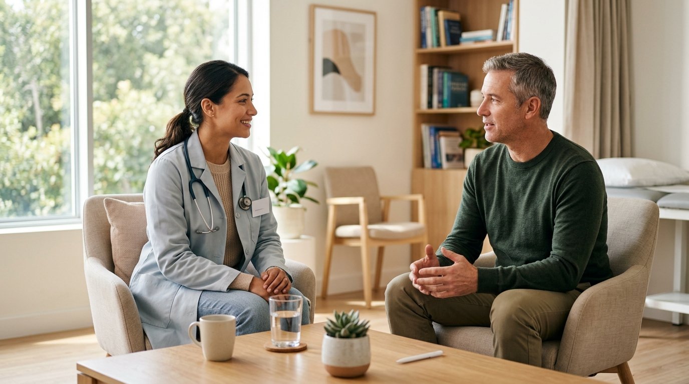Arzt im Gespräch mit einem Patienten in einer Praxis