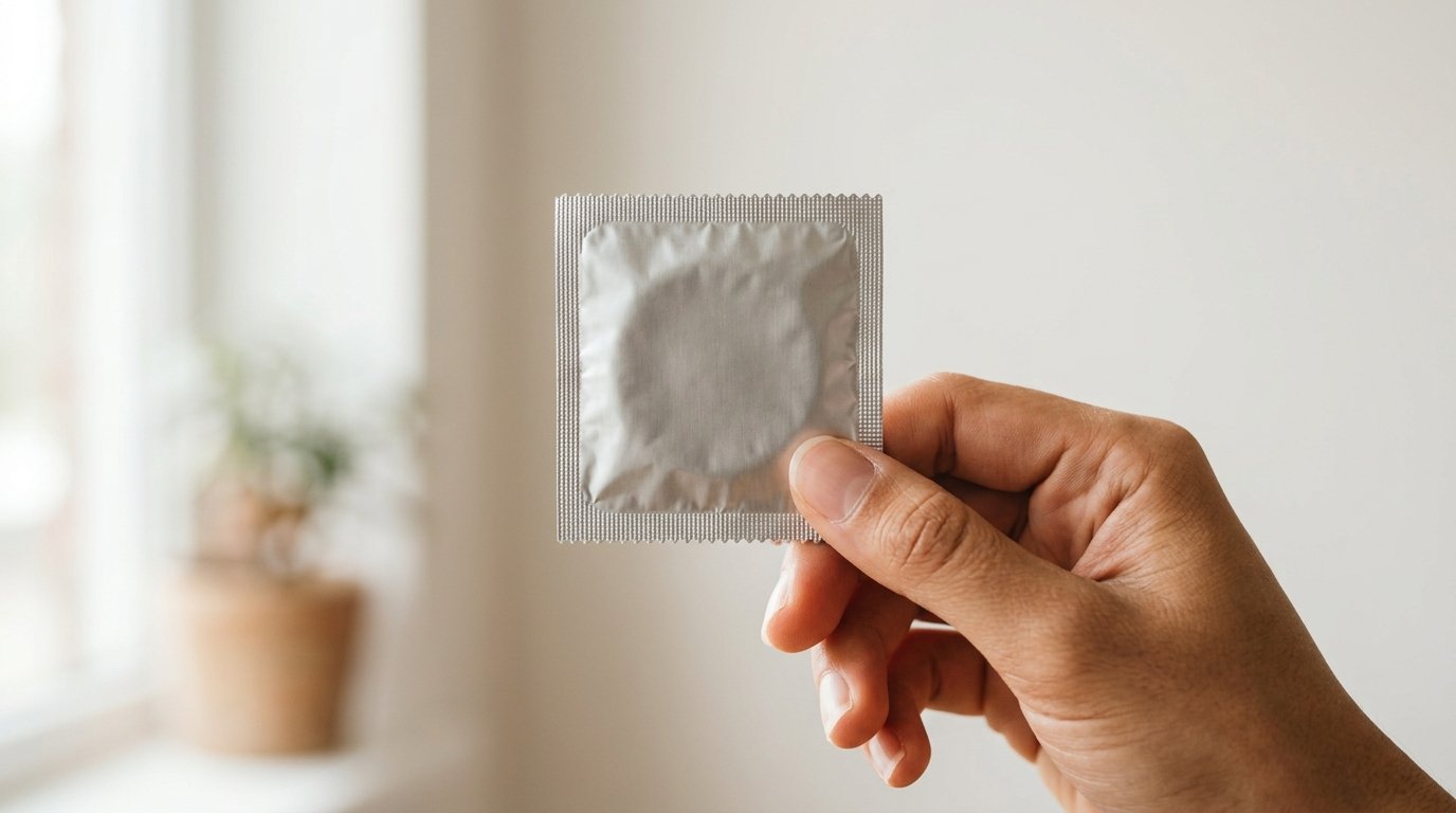 Hand hält eine ungeöffnete Kondomverpackung