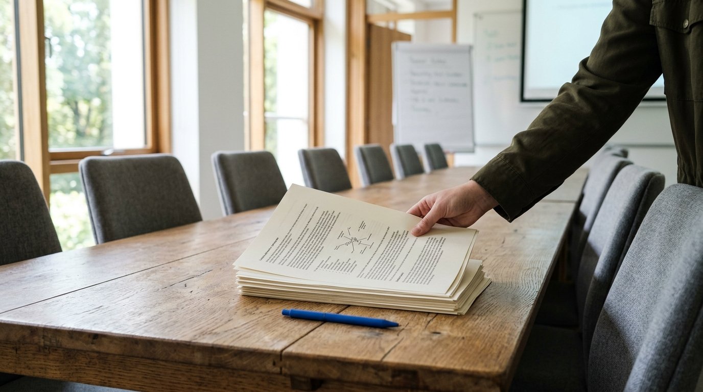 Person legt Handouts für die Zuhörer bereit