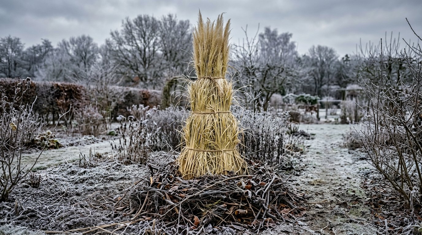 Zusammengebundenes Pampasgras mit Reisigabdeckung im Winter