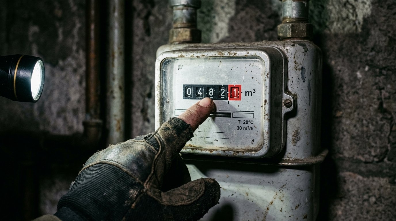 Person liest den Zählerstand am Gaszähler ab