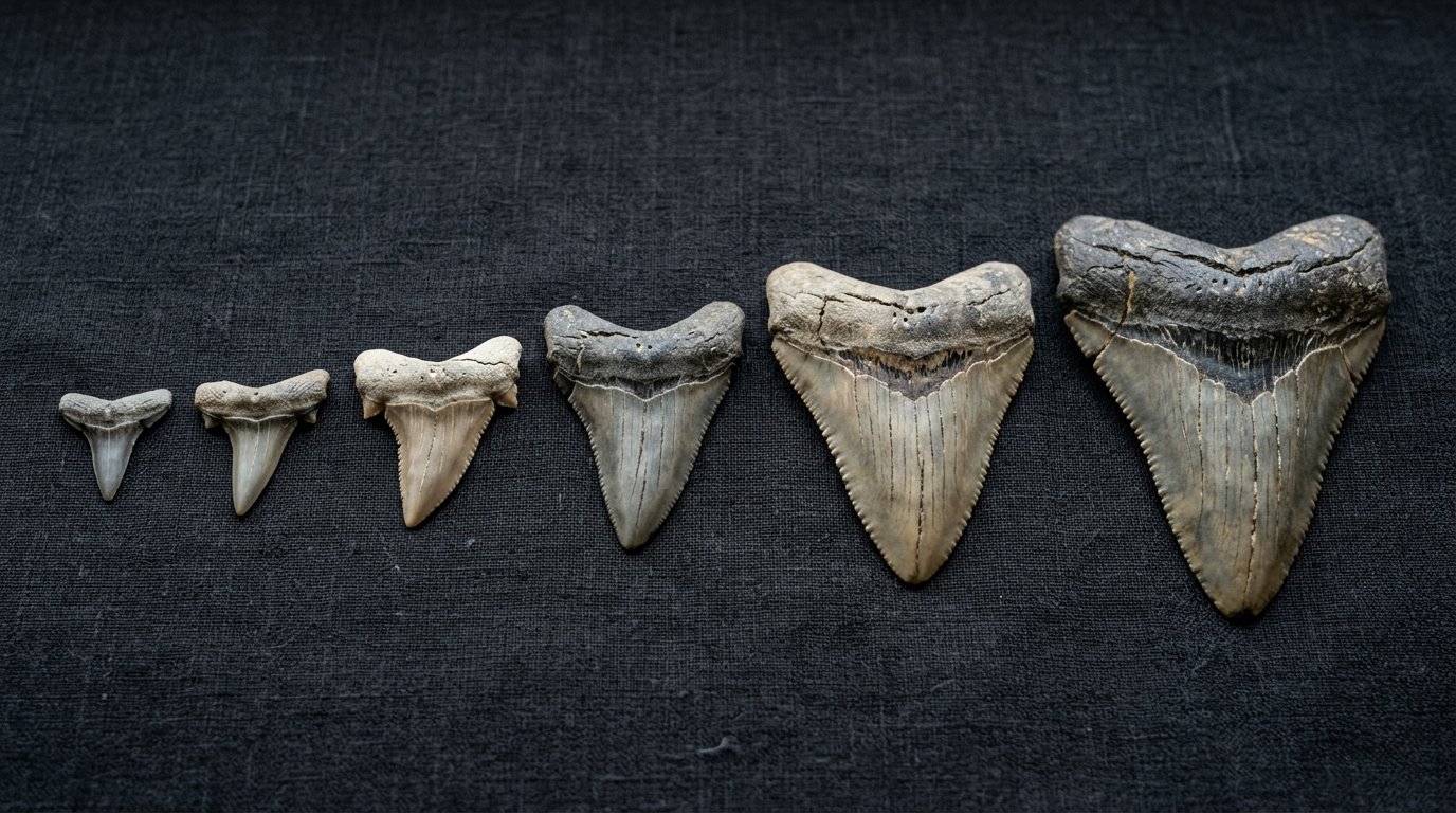 Mehrere versteinerte Haizähne unterschiedlicher Größe nebeneinander