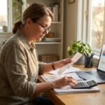 Unternehmer prüft laufende Kosten mit Belegen und Laptop am Schreibtisch