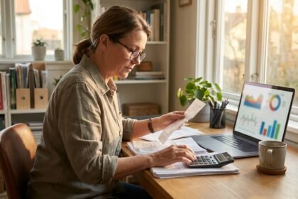 Unternehmer prüft laufende Kosten mit Belegen und Laptop am Schreibtisch
