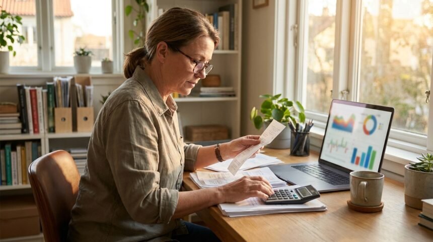Unternehmer prüft laufende Kosten mit Belegen und Laptop am Schreibtisch