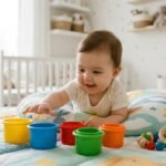 Spielzeug ab 6 Monate: Baby greift nach bunten Stapelbechern auf einer Krabbeldecke