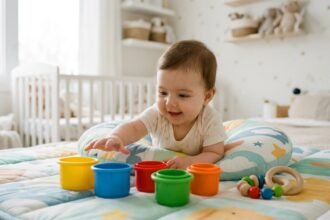 Spielzeug ab 6 Monate: Baby greift nach bunten Stapelbechern auf einer Krabbeldecke