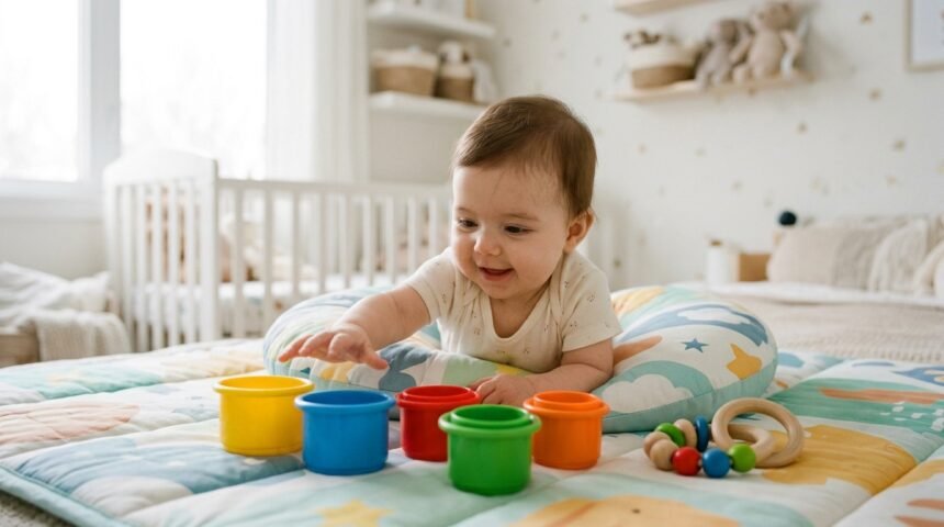 Spielzeug ab 6 Monate: Baby greift nach bunten Stapelbechern auf einer Krabbeldecke
