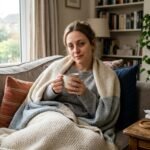 Person mit Tasse Tee sitzt erkältet auf dem Sofa