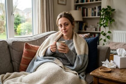 Person mit Tasse Tee sitzt erkältet auf dem Sofa