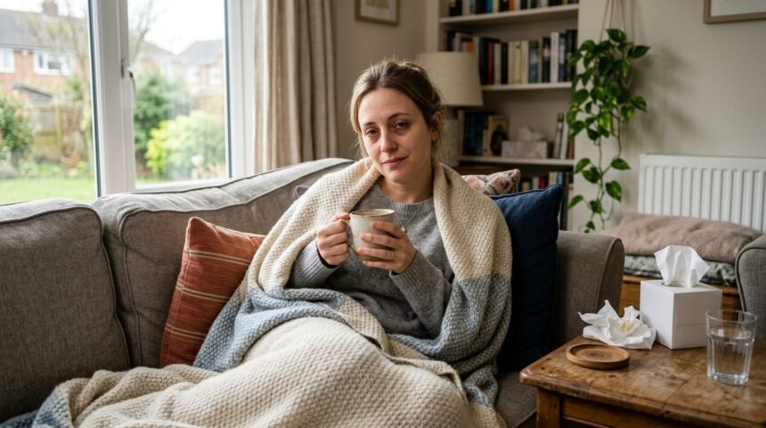 Person mit Tasse Tee sitzt erkältet auf dem Sofa