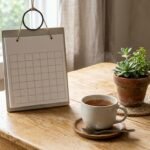 Kalender und Tasse auf einem hellen Tisch