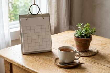 Kalender und Tasse auf einem hellen Tisch