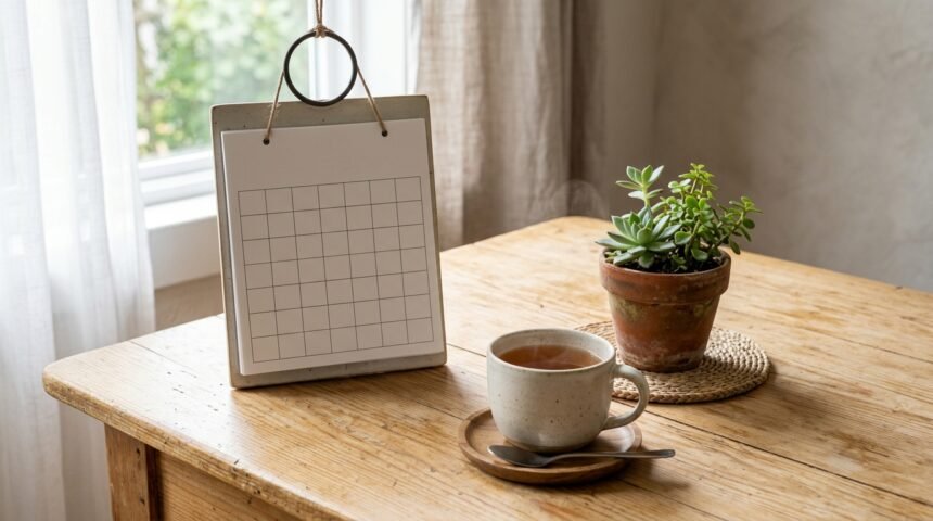 Kalender und Tasse auf einem hellen Tisch