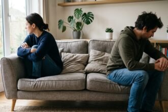 Paar sitzt abgewandt auf einem Sofa