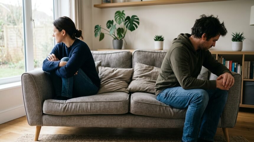 Paar sitzt abgewandt auf einem Sofa