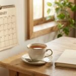 Kalender und Tasse Tee auf einem hellen Tisch