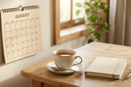Kalender und Tasse Tee auf einem hellen Tisch
