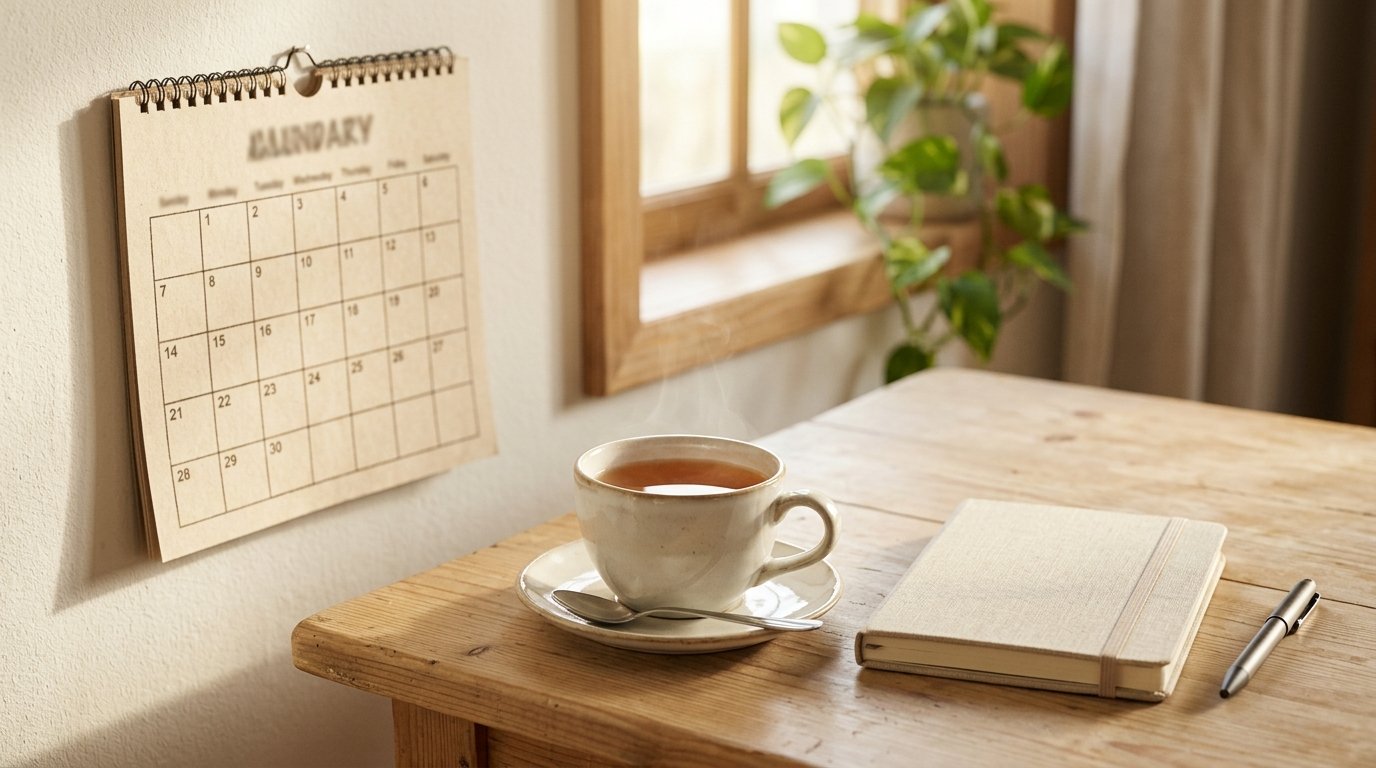 Kalender und Tasse Tee auf einem hellen Tisch