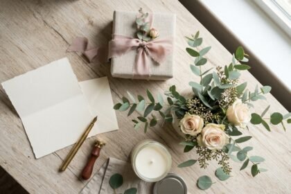 Schöne Geschenke für Frauen: hübsch verpackte Geschenke mit Blumen und Karte auf einem Tisch