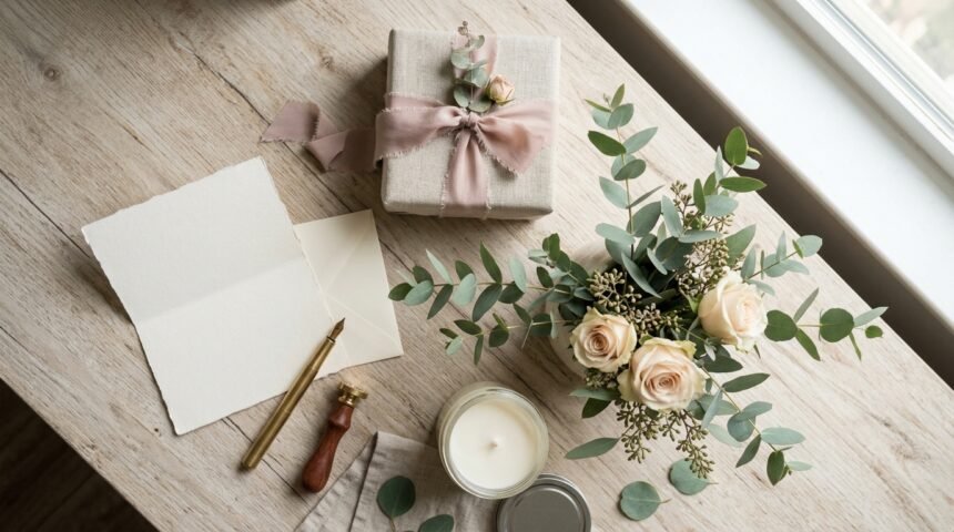 Schöne Geschenke für Frauen: hübsch verpackte Geschenke mit Blumen und Karte auf einem Tisch