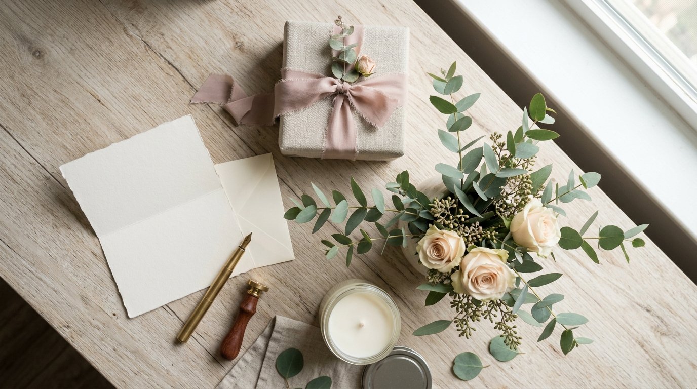 Schöne Geschenke für Frauen: hübsch verpackte Geschenke mit Blumen und Karte auf einem Tisch