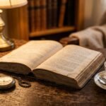 Aufgeschlagenes altes Buch mit Teetasse und Taschenuhr