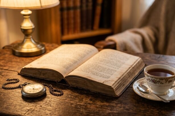 Aufgeschlagenes altes Buch mit Teetasse und Taschenuhr