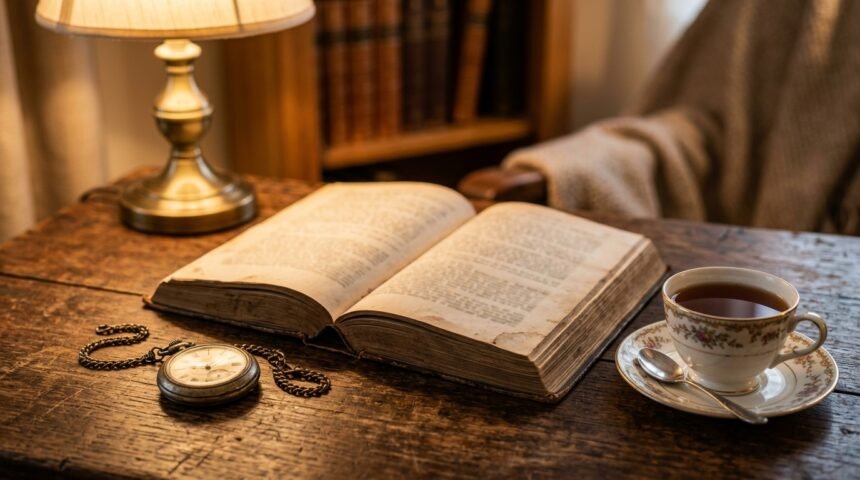 Aufgeschlagenes altes Buch mit Teetasse und Taschenuhr