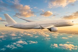 Flugzeug über dem Indischen Ozean im Abendlicht