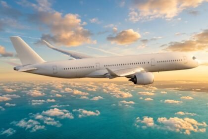 Flugzeug über dem Indischen Ozean im Abendlicht