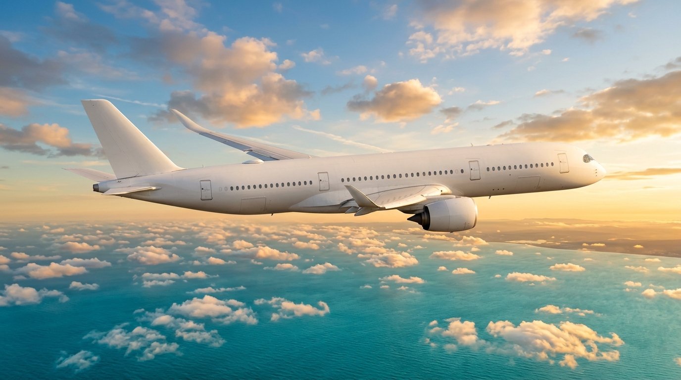 Flugzeug über dem Indischen Ozean im Abendlicht