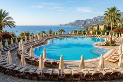 Hotelpool mit Liegen und Meerblick an der türkischen Riviera
