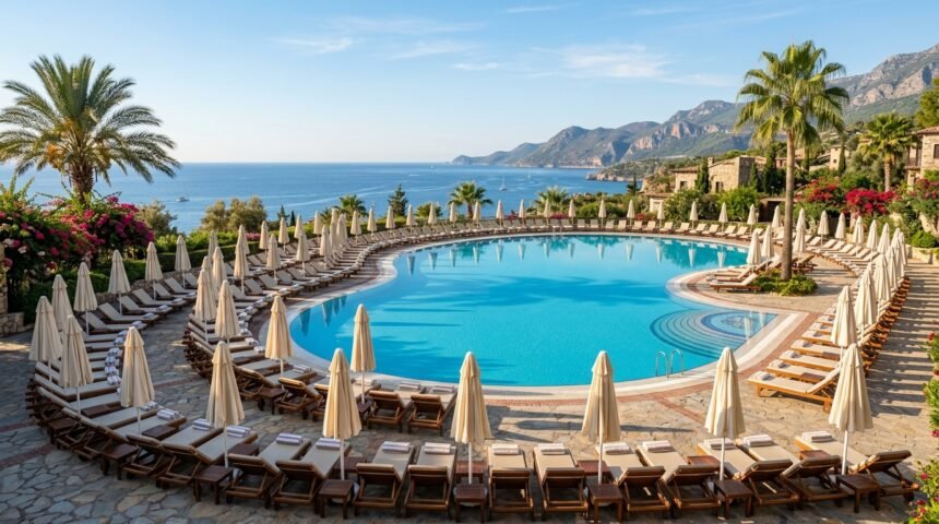 Hotelpool mit Liegen und Meerblick an der türkischen Riviera