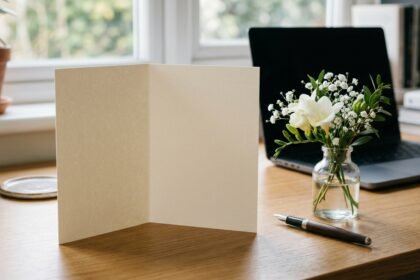 Gute Besserung auf Englisch: englische Genesungskarte mit Blumen auf einem Schreibtisch