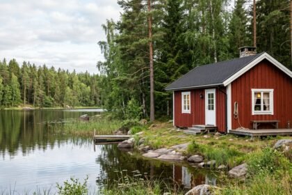 Rotes Ferienhaus mit weißen Fenstern an einem schwedischen See