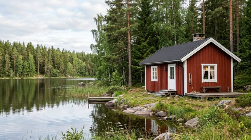 Rotes Ferienhaus mit weißen Fenstern an einem schwedischen See