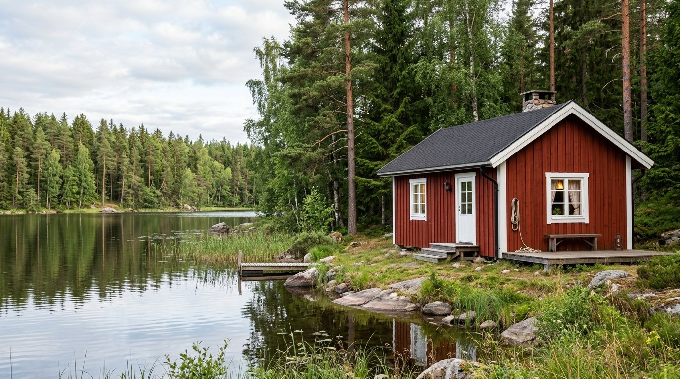 Rotes Ferienhaus mit weißen Fenstern an einem schwedischen See