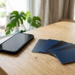 Mehrere Zahlungskarten auf einem Tisch neben einem Smartphone