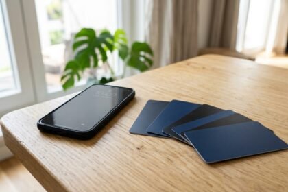 Mehrere Zahlungskarten auf einem Tisch neben einem Smartphone