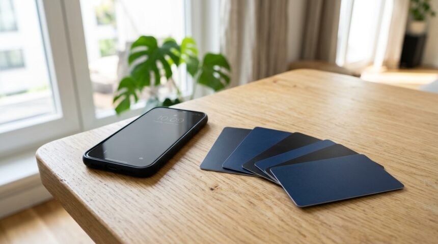 Mehrere Zahlungskarten auf einem Tisch neben einem Smartphone