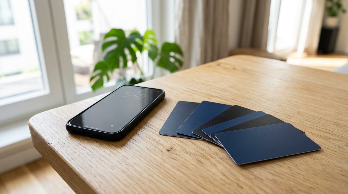 Mehrere Zahlungskarten auf einem Tisch neben einem Smartphone