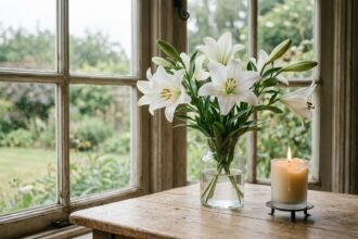 Weiße Blumen auf einem Tisch neben einer brennenden Kerze
