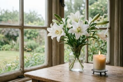 Weiße Blumen auf einem Tisch neben einer brennenden Kerze