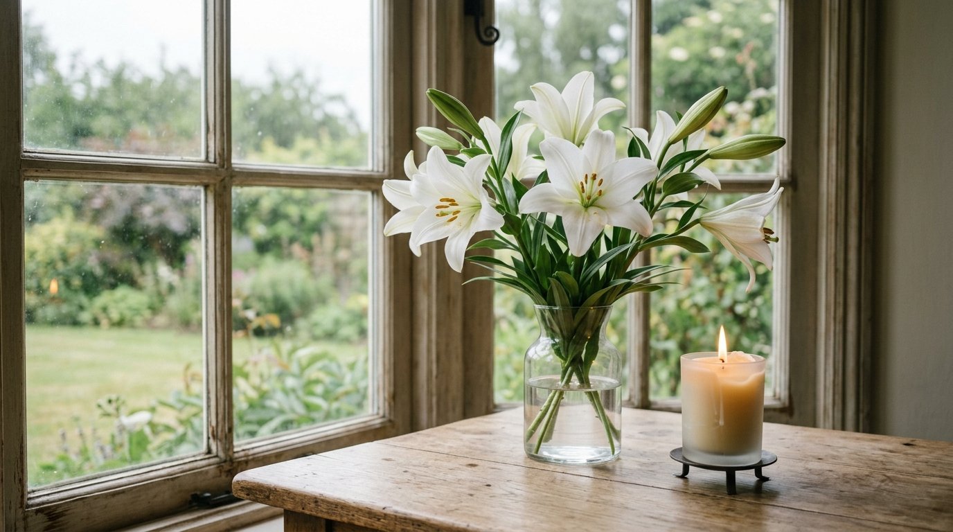 Weiße Blumen auf einem Tisch neben einer brennenden Kerze